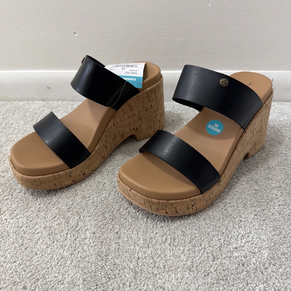 Reef Sunset Ibiza Wedge Sandals Women's Size 9 Black Tan Summer Coastal Straps - Picture 3 of 6